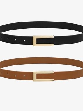 Set of Two Gold-Accent Women's Faux Leather Belts — Black & Cognac